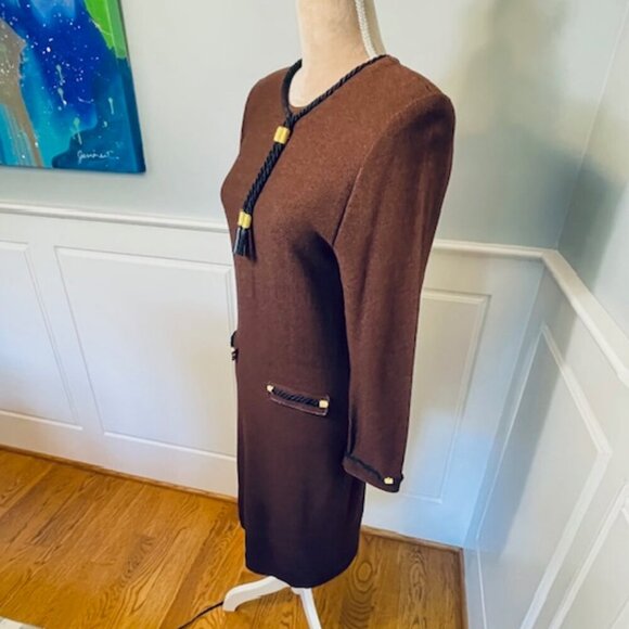 Steve Fabrikant Vintage 80's Wool Knit Dress Espresso & Black Gold Accents Small - Picture 3 of 12